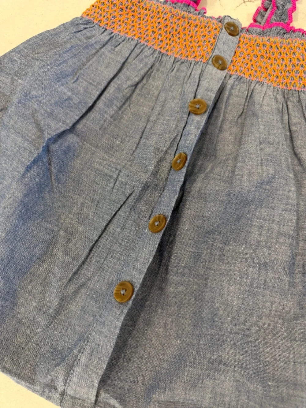 Girls Chambray Button-Front Skirted Bottom with Pink and Orange Smocked Waist